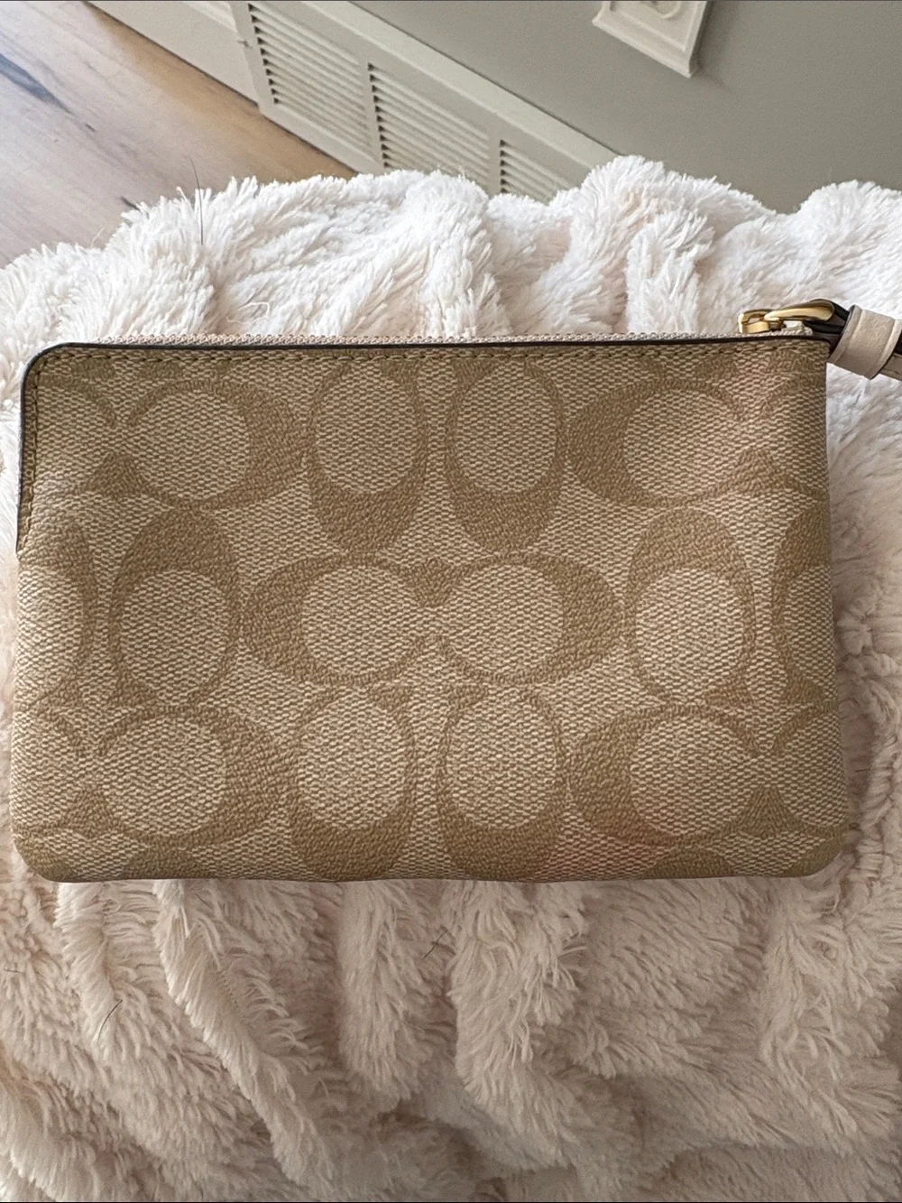 Coach Beige Signature Canvas Wristlet with Cream Center Panel